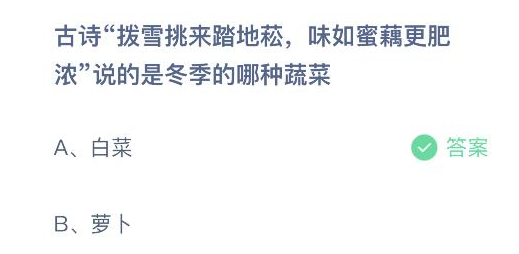 d88尊龙电游官网下载11月30日蚂蚁庄园答案拨雪挑来踏地崧说的是冬季哪种蔬菜？